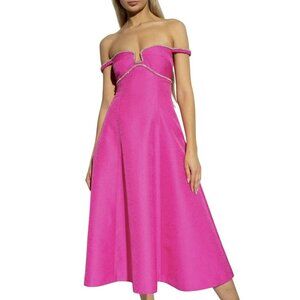 Self-Portrait $555 Pink Pockets Midi Dress Rhinestone Off Shoulder Sz 6 NWT